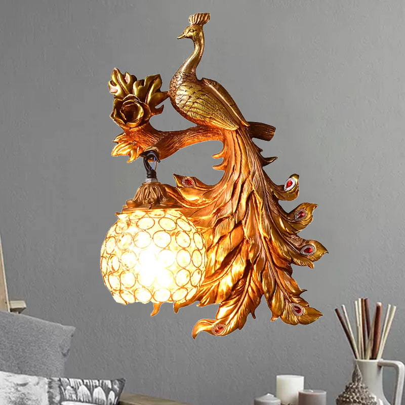 Skørter | Peacock Bedroom Wall Lamp Fixture Country Resin 1 Light Green/Gold Wall Lamp with Orb Crystal Shade, Left/Right