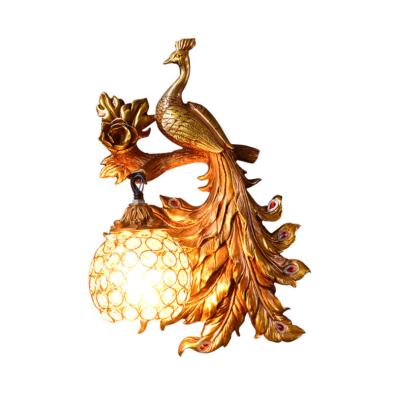Skørter | Peacock Bedroom Wall Lamp Fixture Country Resin 1 Light Green/Gold Wall Lamp with Orb Crystal Shade, Left/Right