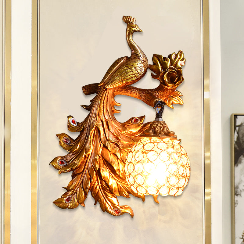 Skørter | Peacock Bedroom Wall Lamp Fixture Country Resin 1 Light Green/Gold Wall Lamp with Orb Crystal Shade, Left/Right
