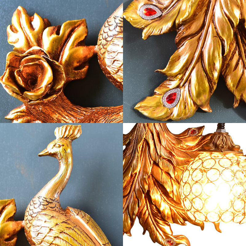 Skørter | Peacock Bedroom Wall Lamp Fixture Country Resin 1 Light Green/Gold Wall Lamp with Orb Crystal Shade, Left/Right