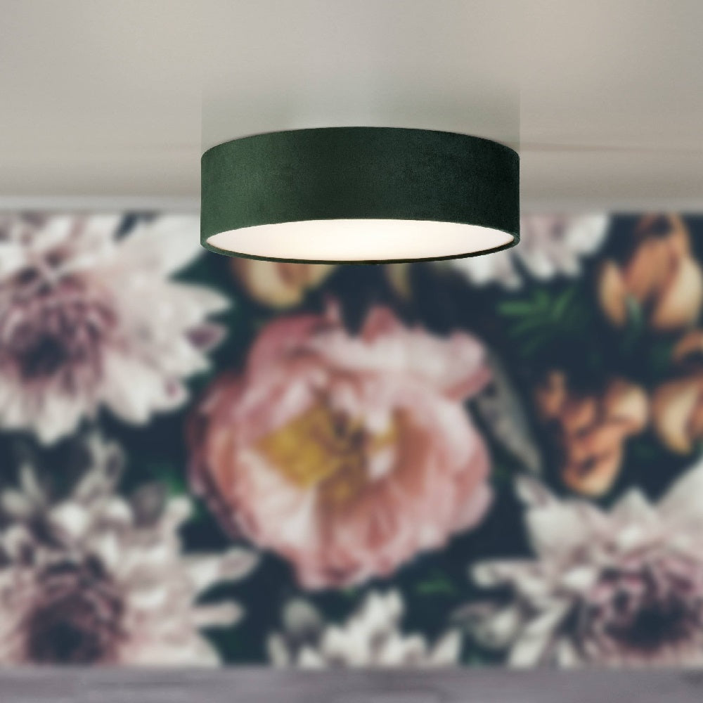 Lisslune | Green Velvet & Opal Diffuser Vintage Round Flush Drum Light 38cm