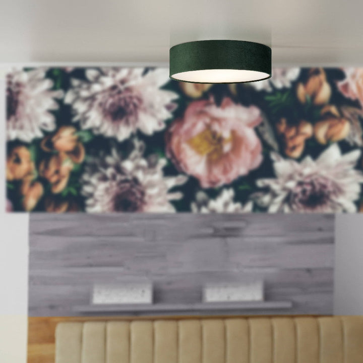 Lisslune | Green Velvet & Opal Diffuser Vintage Round Flush Drum Light 38cm