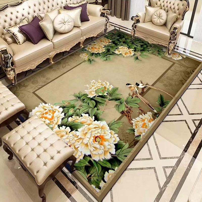 Lisslune | Chinoiserie Flower Rug Multicolor Polypropylene Area Rug Non-Slip Back Pet-Friendly Easy Care Indoor Rug for Living Room