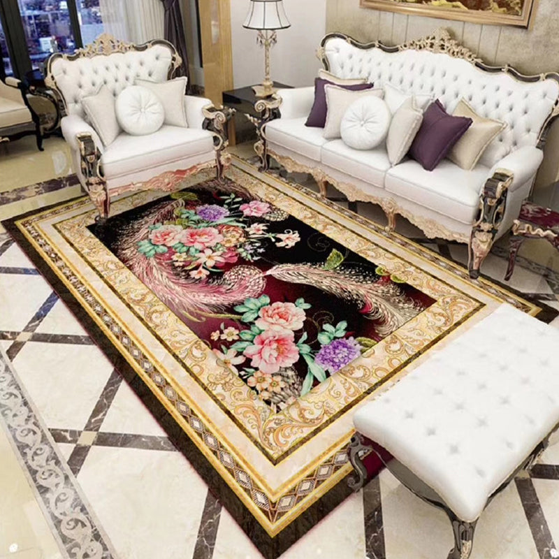 Lisslune | Chinoiserie Flower Rug Multicolor Polypropylene Area Rug Non-Slip Back Pet-Friendly Easy Care Indoor Rug for Living Room