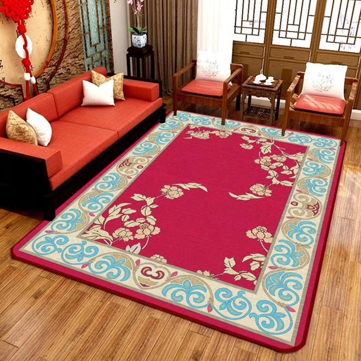 Lisslune | Chinoiserie Flower Rug Multicolor Polypropylene Area Rug Non-Slip Back Pet-Friendly Easy Care Indoor Rug for Living Room