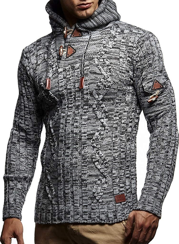 Men's chunky knit sweater with hood and decorative lace-up details Lisslune