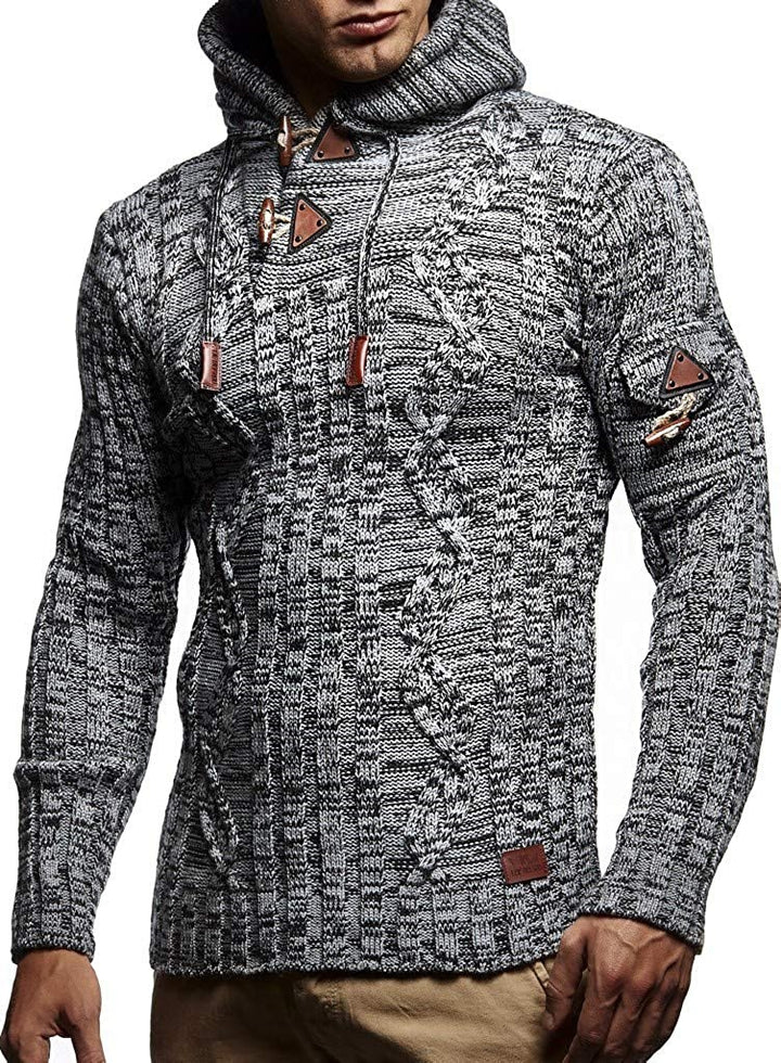 Men's chunky knit sweater with hood and decorative lace-up details Lisslune