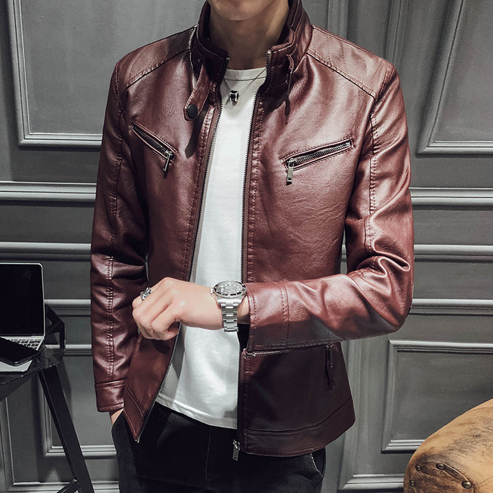 Men's Casual Synthetic Leather Jacket with Zipper Pockets Lisslune
