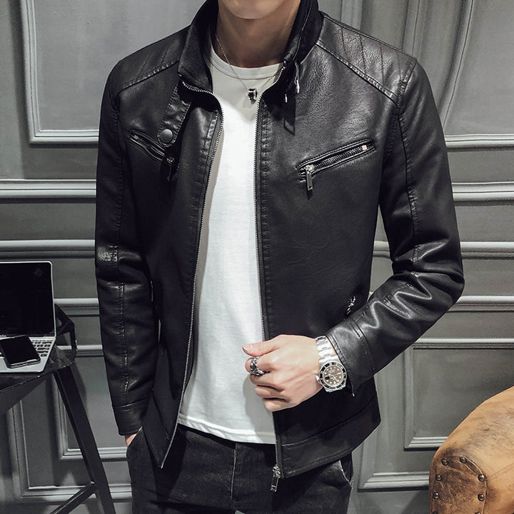 Men's Casual Synthetic Leather Jacket with Zipper Pockets Lisslune