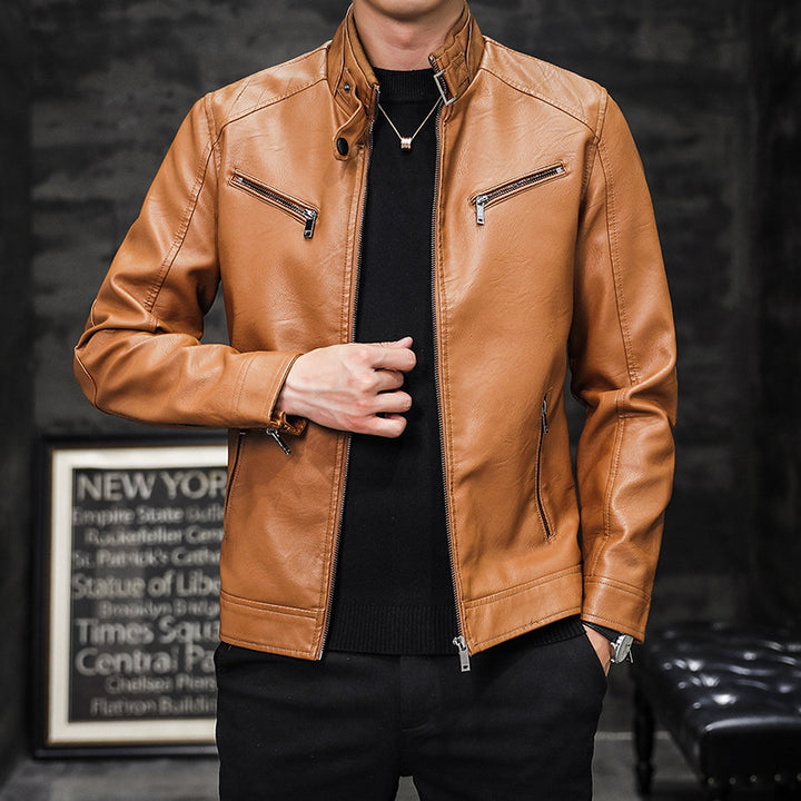 Men's Casual Synthetic Leather Jacket with Zipper Pockets Lisslune