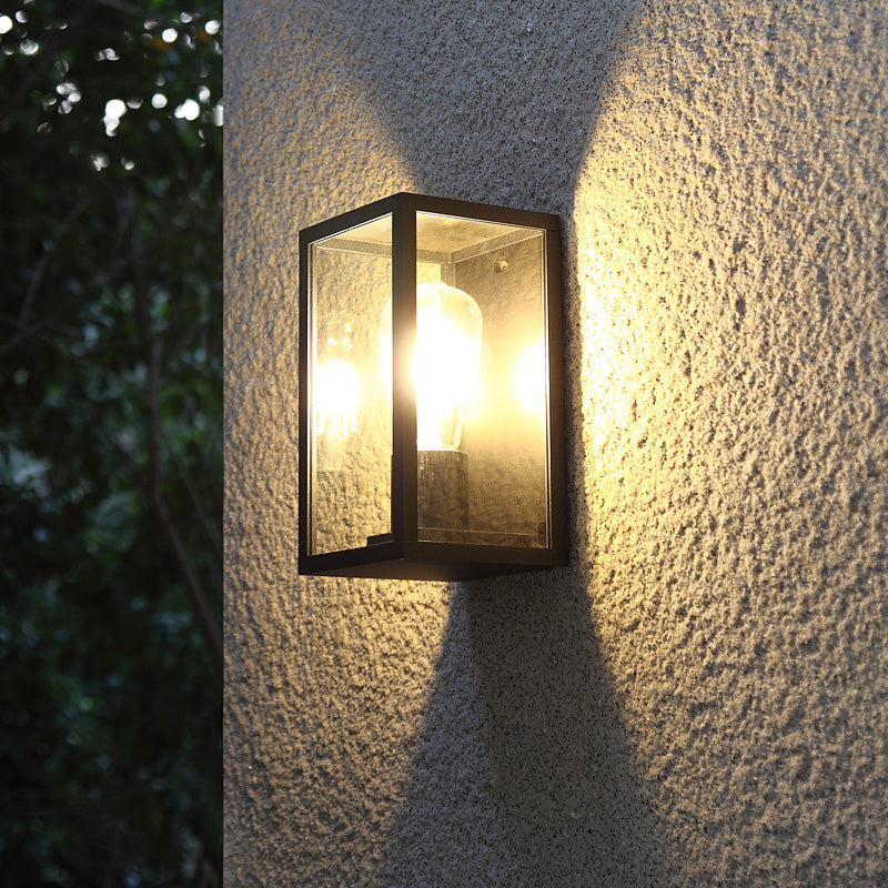 Lisslune | Box Patio Wall Light Transparent Glass 1 Bulb Modern Wall Rail in Black