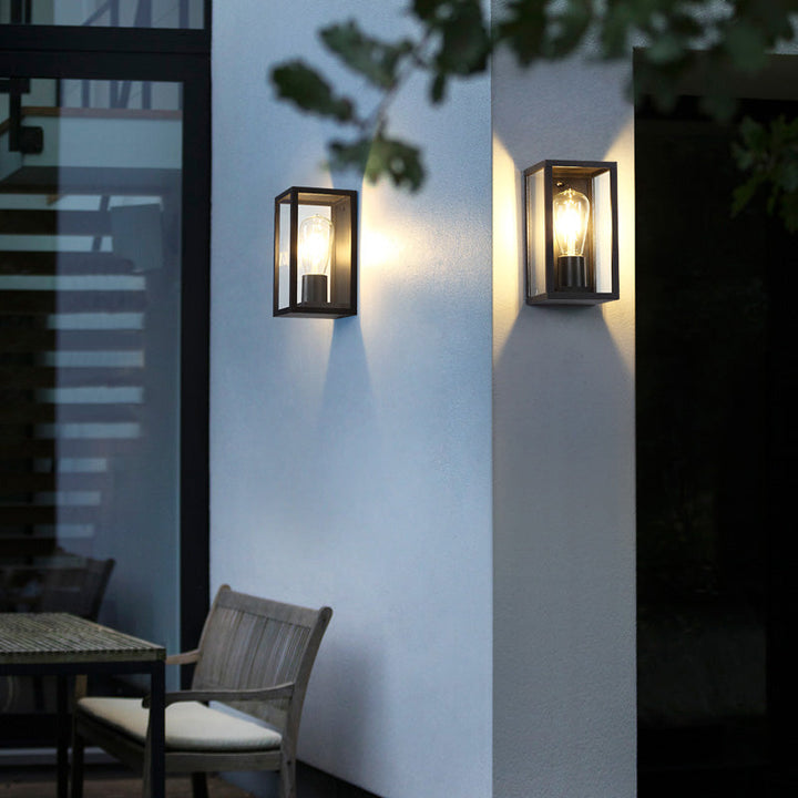 Lisslune | Box Patio Wall Light Transparent Glass 1 Bulb Modern Wall Rail in Black