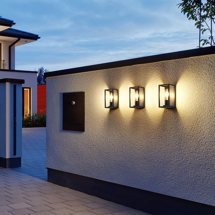 Lisslune | Box Patio Wall Light Transparent Glass 1 Bulb Modern Wall Rail in Black