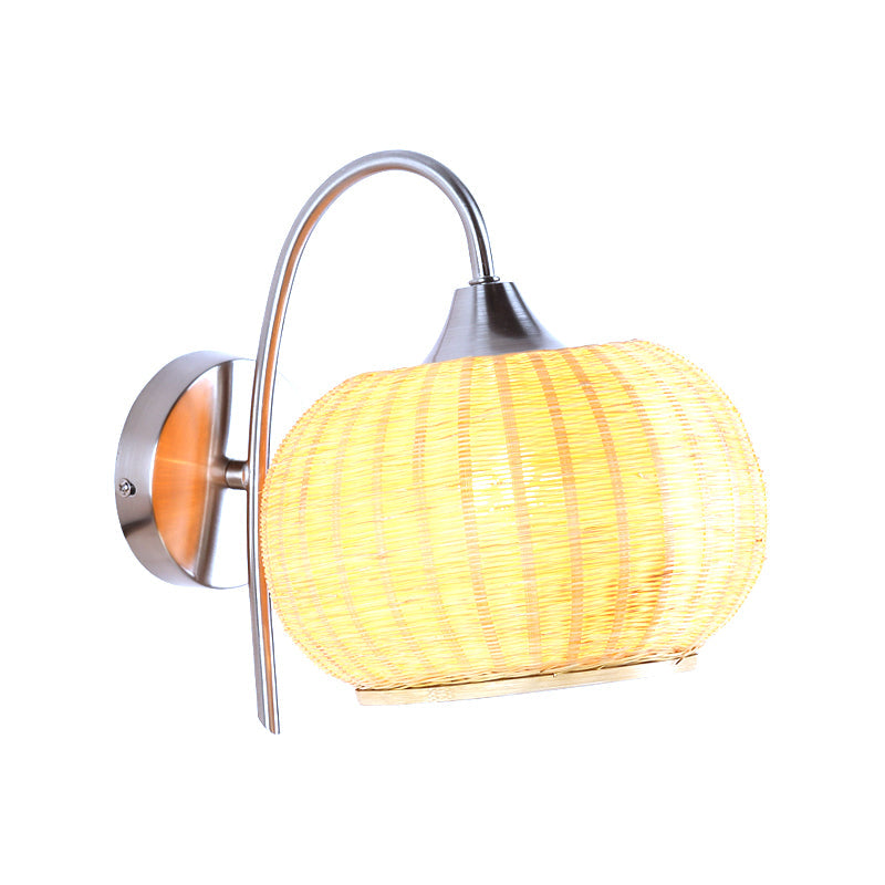 Skørter | Rattan Round Drum Wall Lamp Modern Style 1 Light Chrome Finish Wall Lamp with Metal Curved Arm