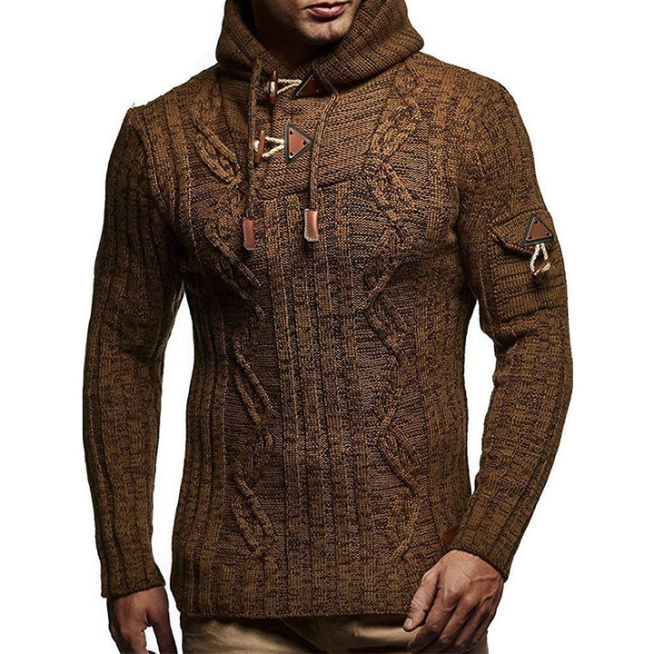 Men's chunky knit sweater with hood and decorative lace-up details Lisslune
