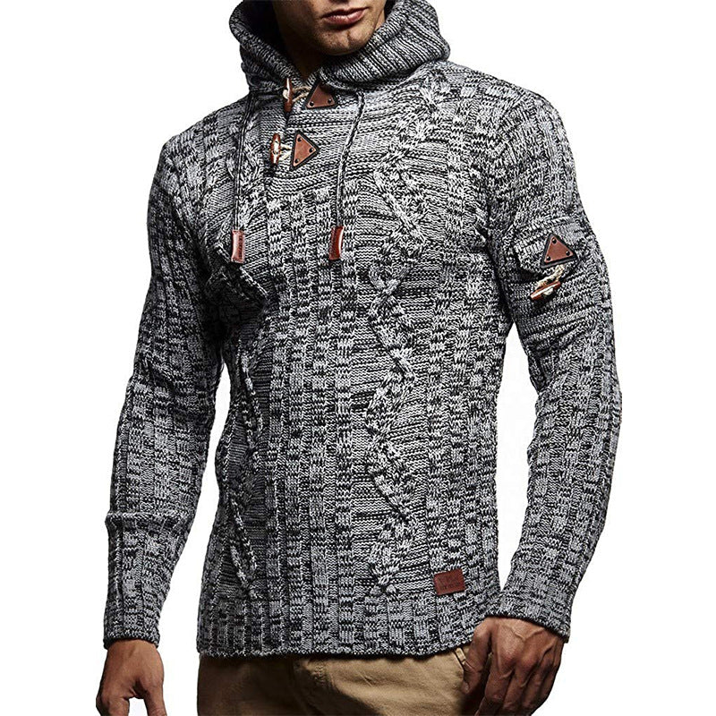 Men's chunky knit sweater with hood and decorative lace-up details Lisslune