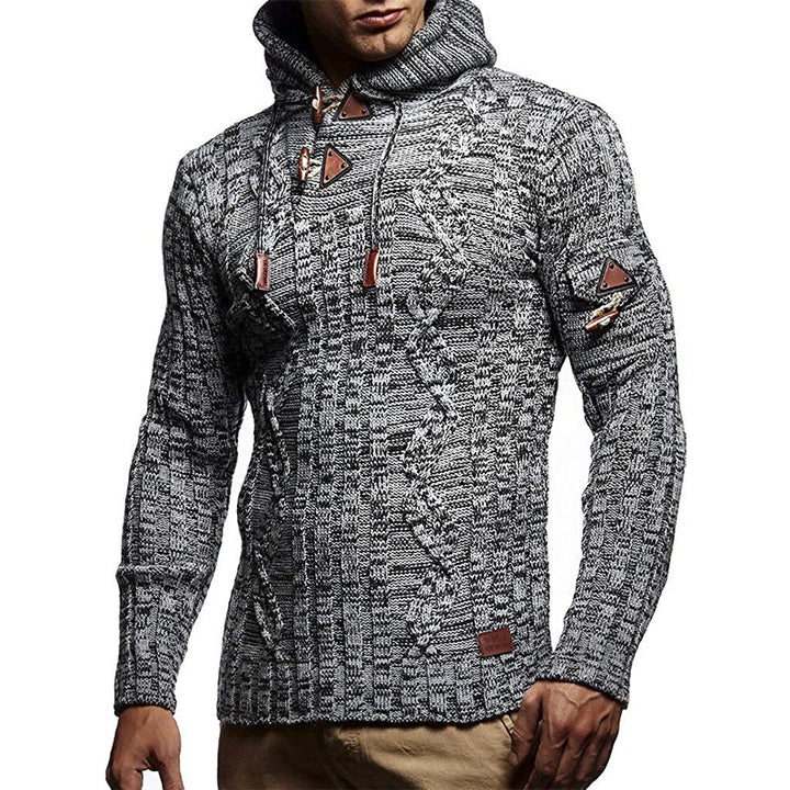 Men's chunky knit sweater with hood and decorative lace-up details Lisslune
