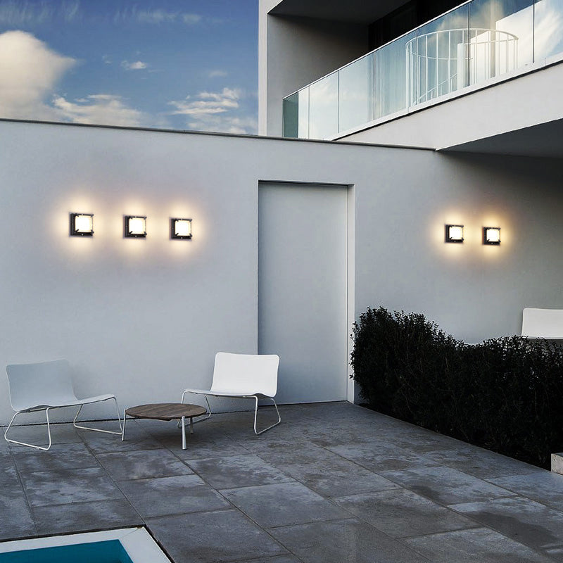 Lisslune | Square patio wall light fixture with satin glass surface, contemporary LED wall lamp in black