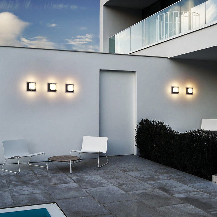 Lisslune | Square patio wall light fixture with satin glass surface, contemporary LED wall lamp in black