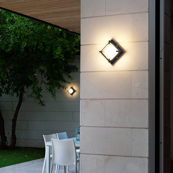 Lisslune | Square patio wall light fixture with satin glass surface, contemporary LED wall lamp in black