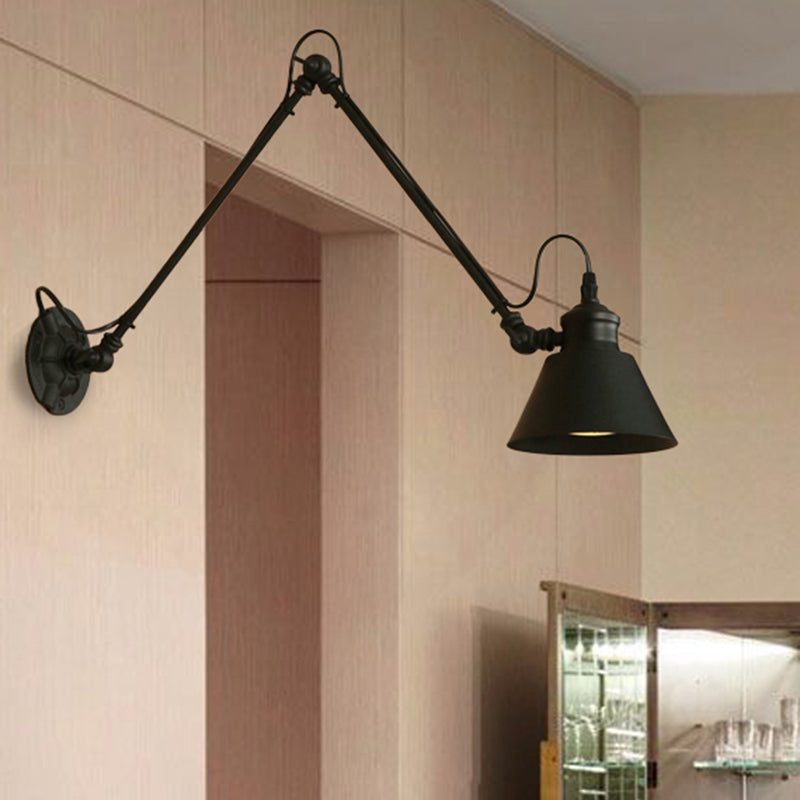 Lisslune | 1 Head Cone-Shaped Wall Mount Retro Style Black/Chrome Metal Swing Arm Wall Light for the Study