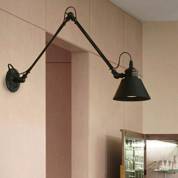 Lisslune | 1 Head Cone-Shaped Wall Mount Retro Style Black/Chrome Metal Swing Arm Wall Light for the Study