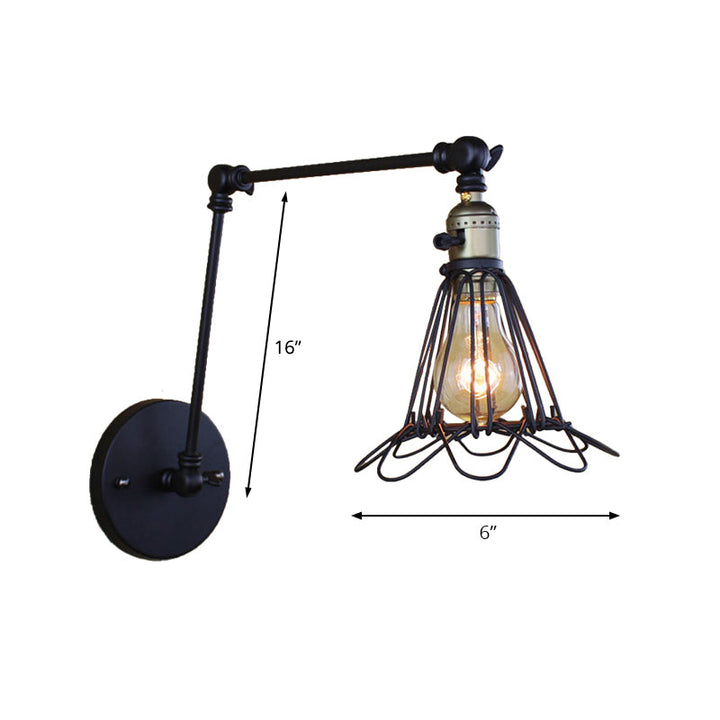 Skørter | Cast Iron Wire Cage Wall Mounted Light Farmhouse 1 Head Restaurant Arm Adjustable Wall Lamp in Bronze/Brass