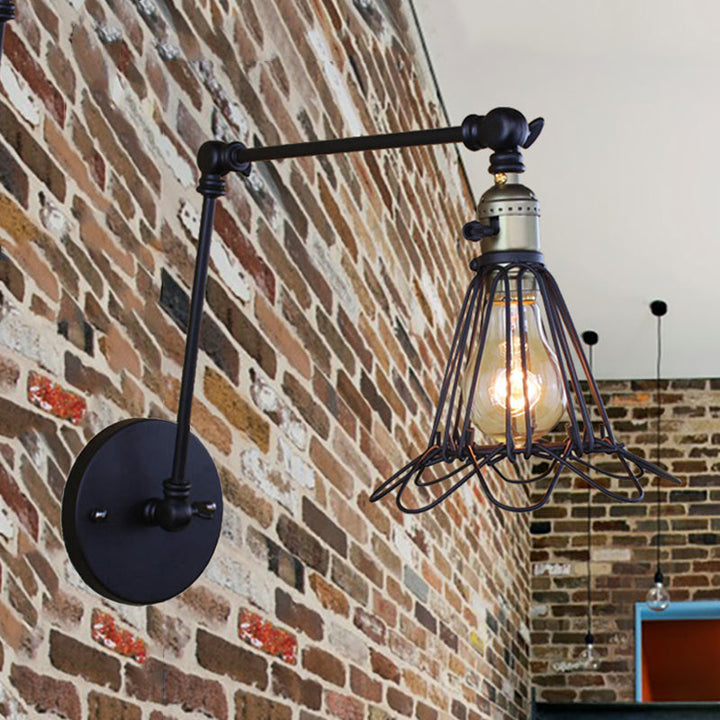 Skørter | Cast Iron Wire Cage Wall Mounted Light Farmhouse 1 Head Restaurant Arm Adjustable Wall Lamp in Bronze/Brass