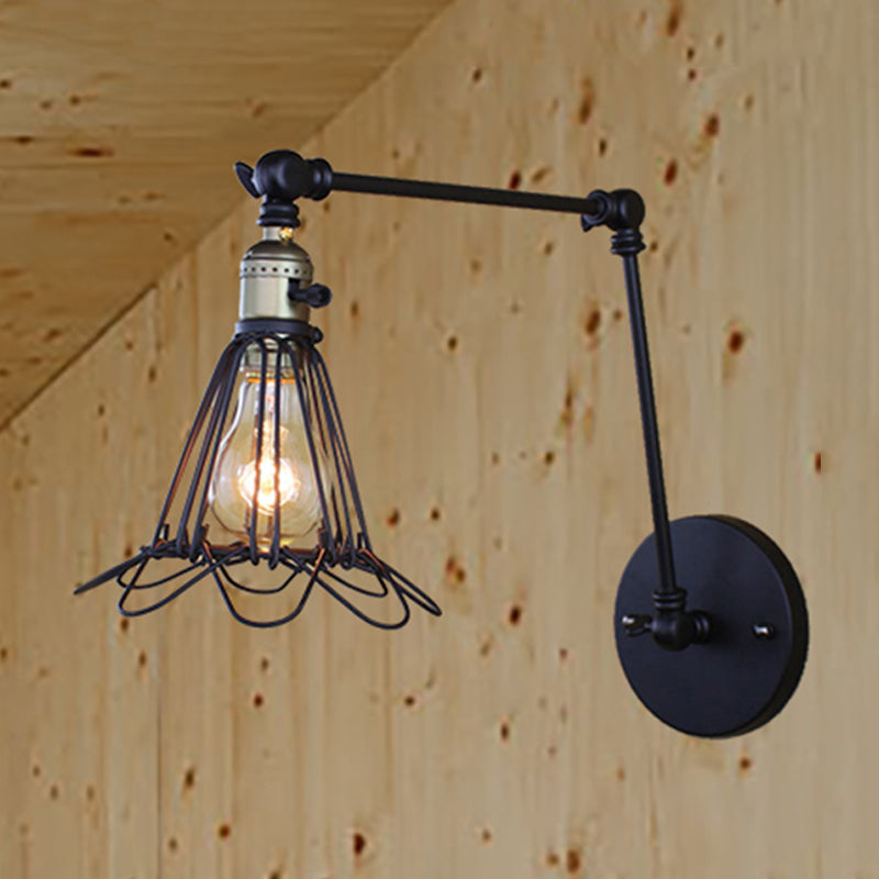 Skørter | Cast Iron Wire Cage Wall Mounted Light Farmhouse 1 Head Restaurant Arm Adjustable Wall Lamp in Bronze/Brass