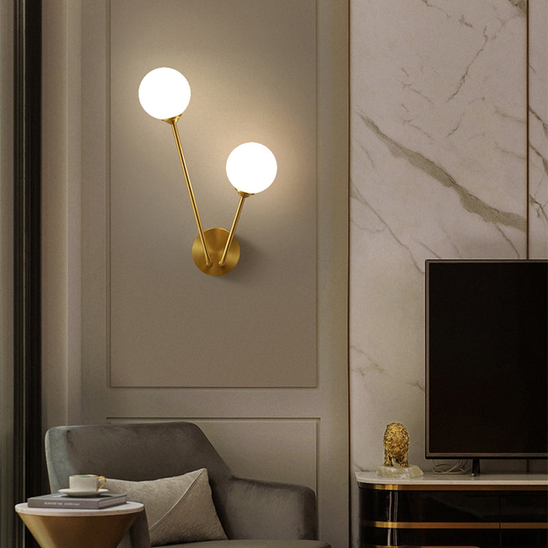 Lisslune | Brass Branch Wall Lamp Minimalistic Sphere Glass Wall Light Lighting Fixture for Bedroom