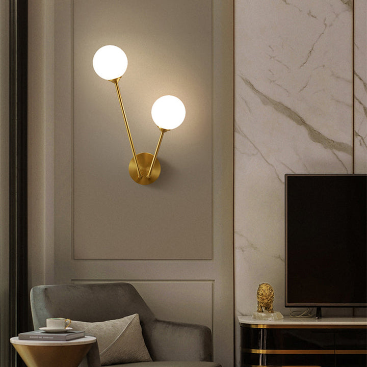 Lisslune | Brass Branch Wall Lamp Minimalistic Sphere Glass Wall Light Lighting Fixture for Bedroom