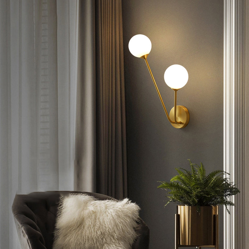 Lisslune | Brass Branch Wall Lamp Minimalistic Sphere Glass Wall Light Lighting Fixture for Bedroom