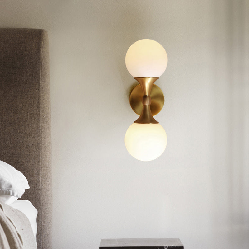 Lisslune | Simple Style Ball Wall Lamp Ivory Glass 2-Head Bedroom Wall Light Brass