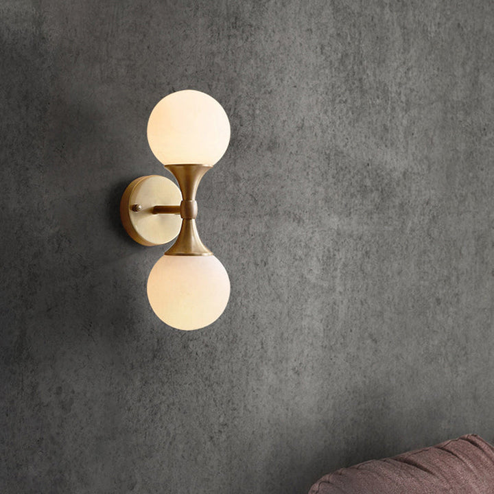 Lisslune | Simple Style Ball Wall Lamp Ivory Glass 2-Head Bedroom Wall Light Brass