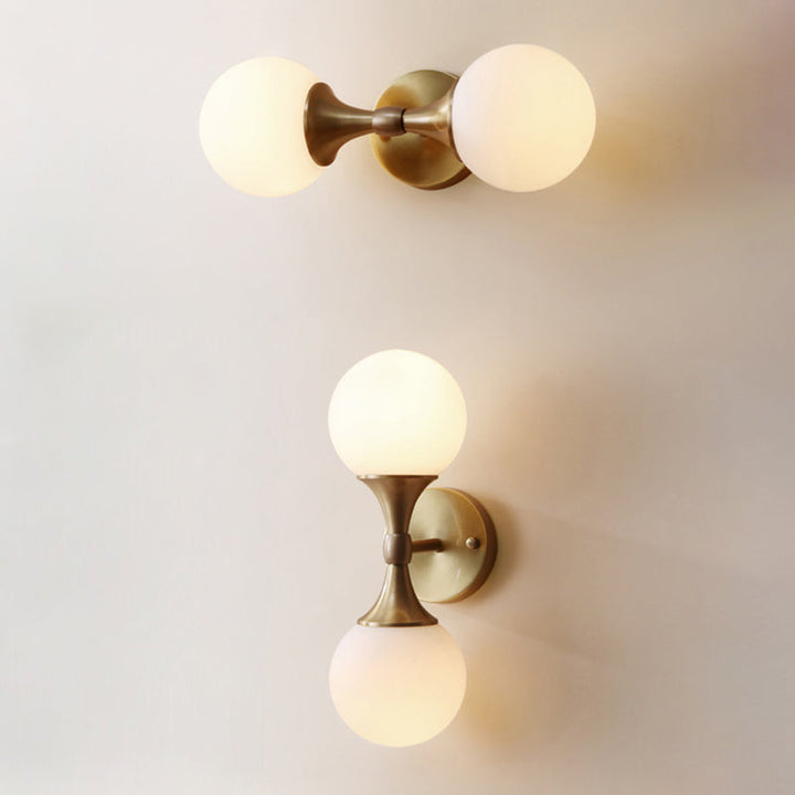 Lisslune | Simple Style Ball Wall Lamp Ivory Glass 2-Head Bedroom Wall Light Brass