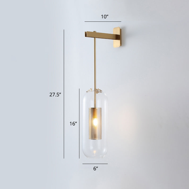 Lisslune | Pill Capsule Glass Wall Lamp Post-Modern 1 Head Brass Wall Lamp Light Fixture with Mesh Protection