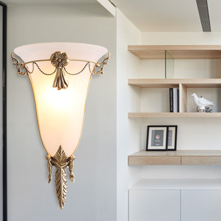 Skørter | 9.5"/12.5" Width Trumpet Flare Wall Light Traditional White Glass 1 Head Brass Wall Lights for Living Room