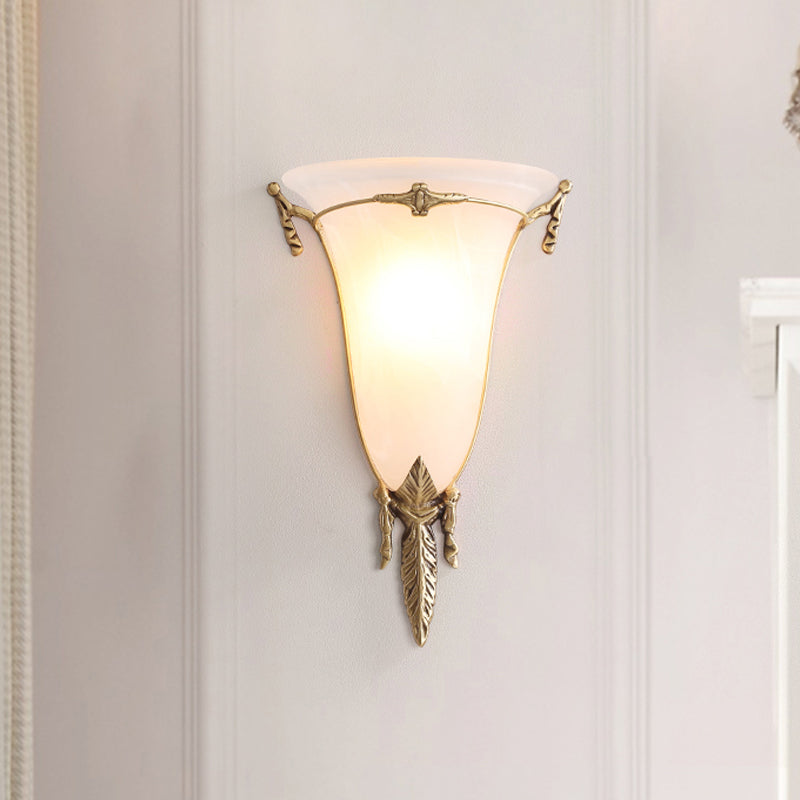 Skørter | Cone Wall Lamp Traditional White Glass 1 Head Brass Wall Light Lighting for Living Room, 10"/13" Wide