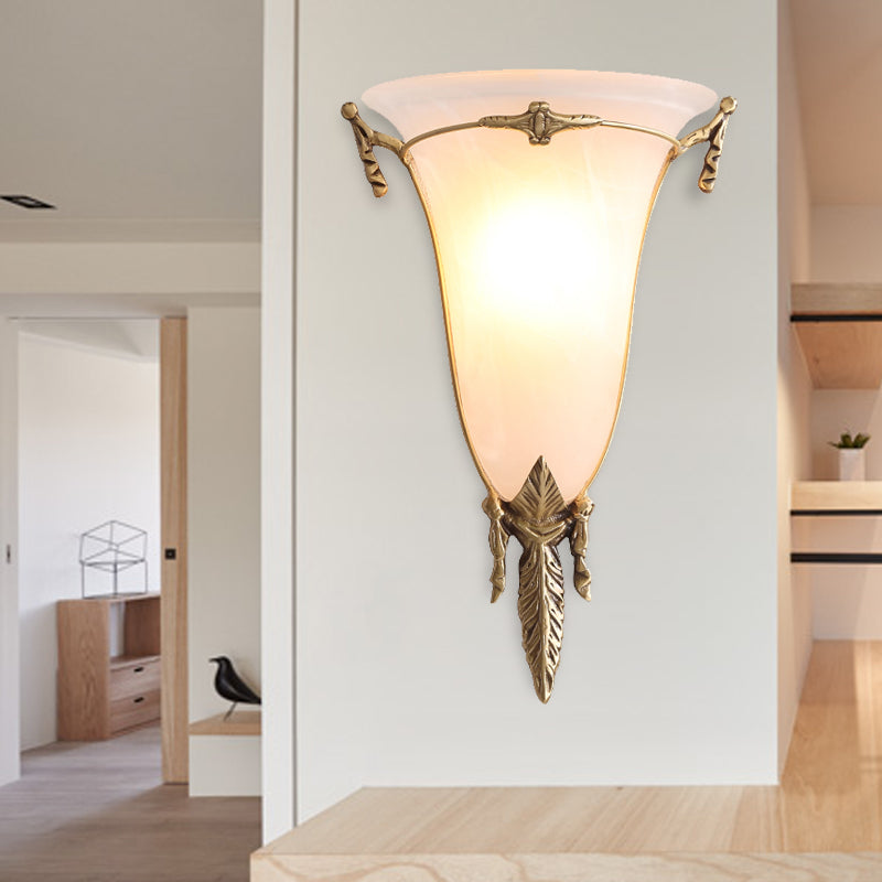 Skørter | Cone Wall Lamp Traditional White Glass 1 Head Brass Wall Light Lighting for Living Room, 10"/13" Wide
