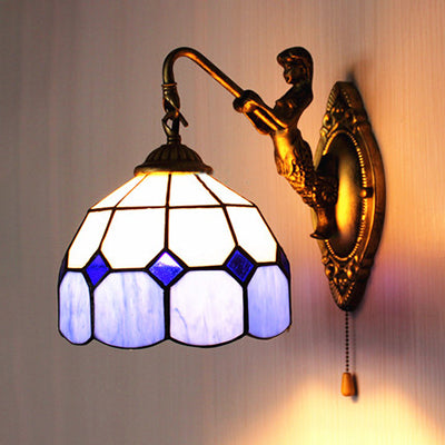 Lisslune | Dome White Glass Wall Mounted Light Baroque 1 Head 6"/8" Wide Blue Wall Lamp with Pull Switch