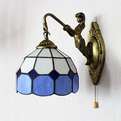 Lisslune | Dome White Glass Wall Mounted Light Baroque 1 Head 6"/8" Wide Blue Wall Lamp with Pull Switch