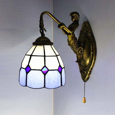 Lisslune | Dome White Glass Wall Mounted Light Baroque 1 Head 6"/8" Wide Blue Wall Lamp with Pull Switch