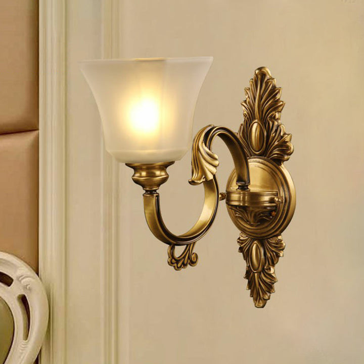 Skørter | Plated Bell Frosted Glass Wall Lamp Antiqued 1-Light Bedside Wall Lighting Fixture in Bronze