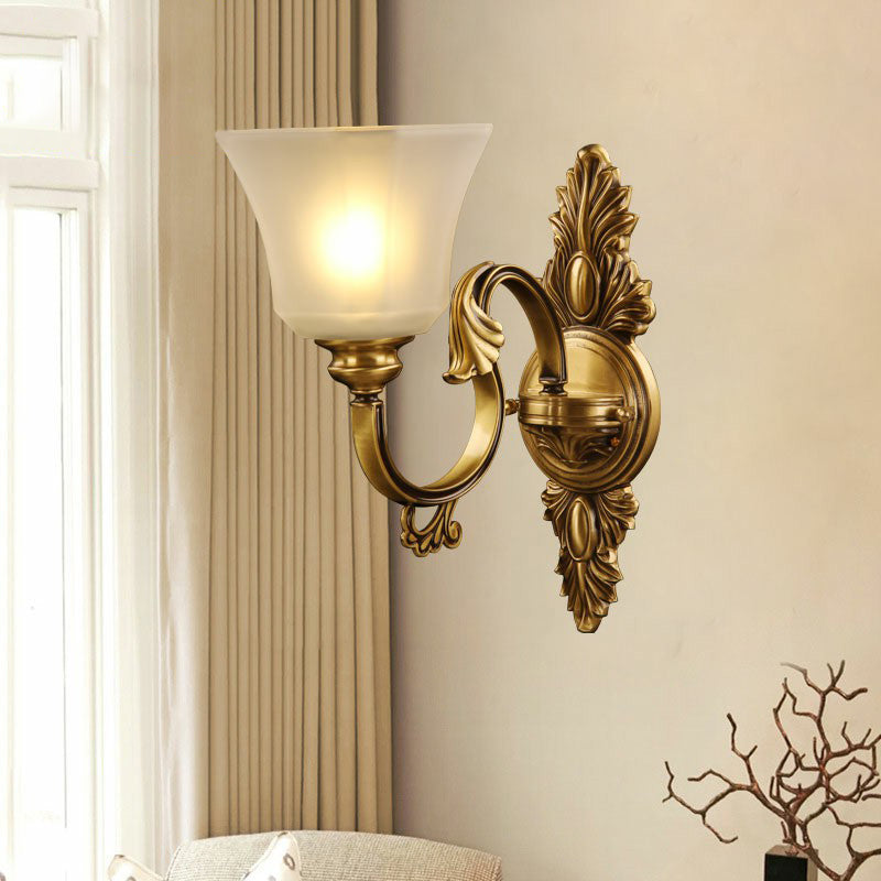 Skørter | Plated Bell Frosted Glass Wall Lamp Antiqued 1-Light Bedside Wall Lighting Fixture in Bronze