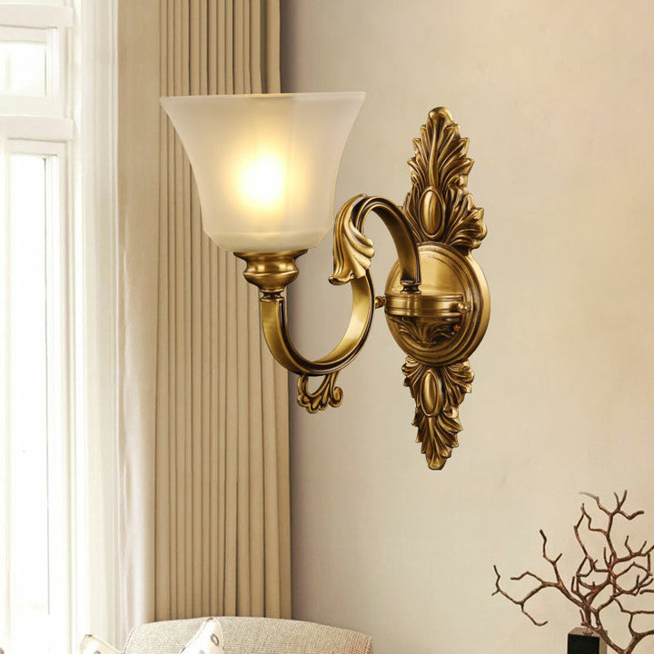 Skørter | Plated Bell Frosted Glass Wall Lamp Antiqued 1-Light Bedside Wall Lighting Fixture in Bronze