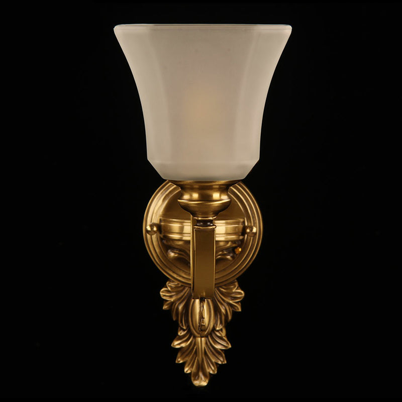 Skørter | Plated Bell Frosted Glass Wall Lamp Antiqued 1-Light Bedside Wall Lighting Fixture in Bronze
