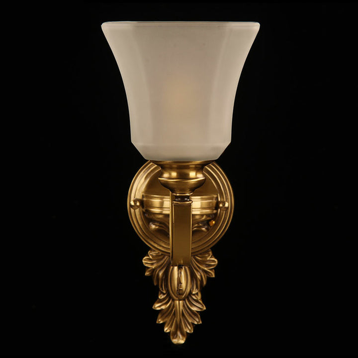 Skørter | Plated Bell Frosted Glass Wall Lamp Antiqued 1-Light Bedside Wall Lighting Fixture in Bronze