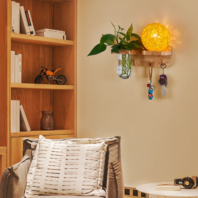 Lisslune | 1-Light Rattan Wall Lamp Nordic Ball Living Room Wall Lamp with Pull Chain and Plant Pot