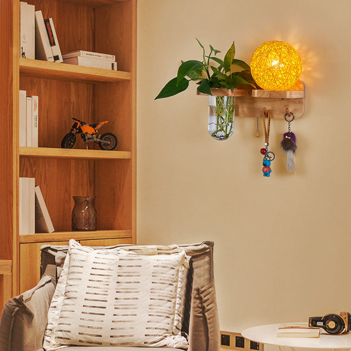 Lisslune | 1-Light Rattan Wall Lamp Nordic Ball Living Room Wall Lamp with Pull Chain and Plant Pot