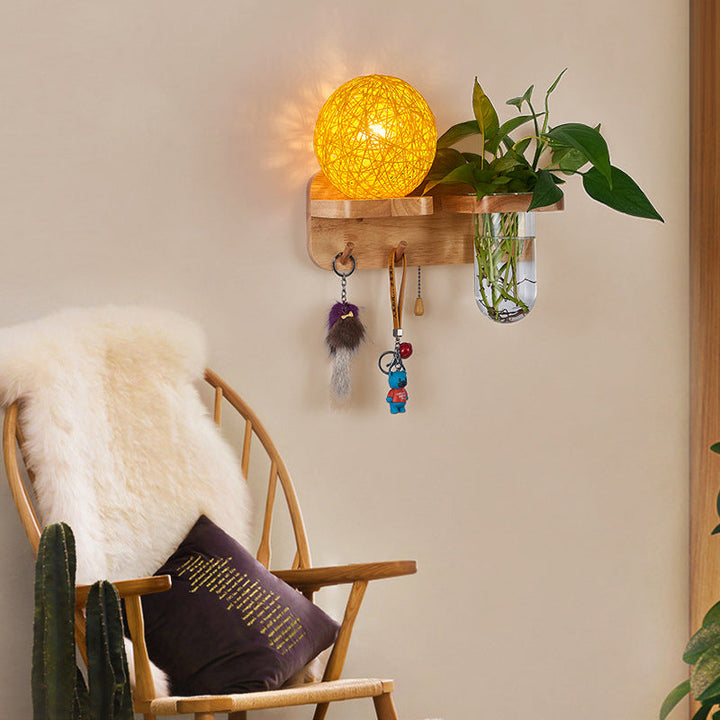 Lisslune | 1-Light Rattan Wall Lamp Nordic Ball Living Room Wall Lamp with Pull Chain and Plant Pot